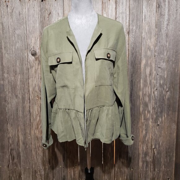 Versona M Jacket Blazer Green Peplum Ruffle Open Front Women's Career Office - Picture 1 of 6